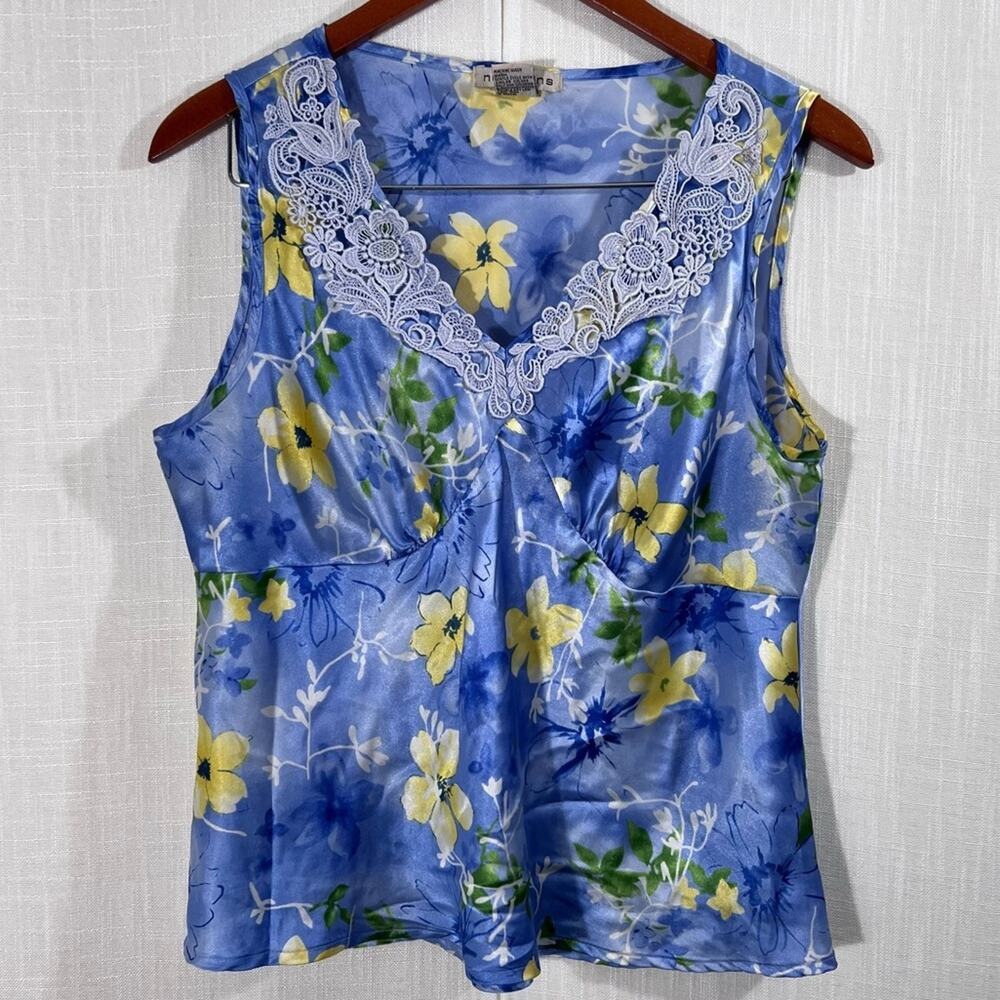 Notations Vintage Satin Floral Lace Sleeveless‎ Blouse Top Size L
